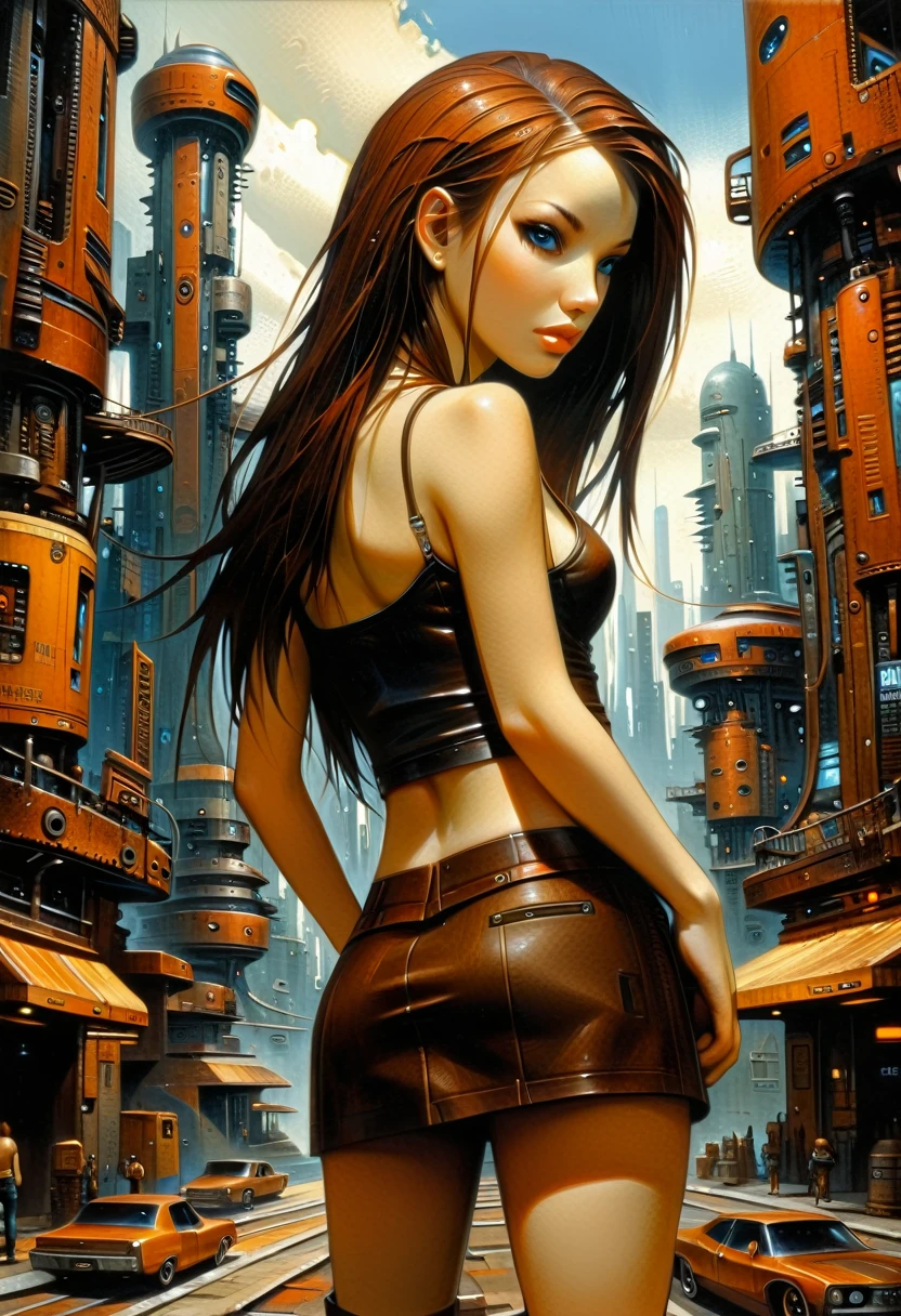 Future sexy girl long hair in a futuristic city.1.5, rusty metal city, lots of details, leather miniskirt and very tight tank top, (Dave Mckean inspired art, intricate details, oil painting)
