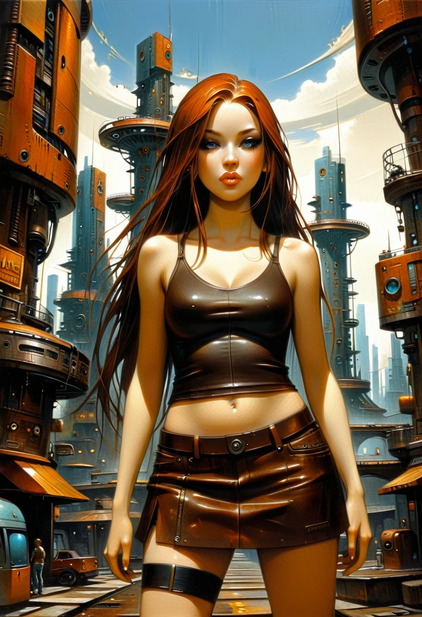 Future sexy girl long hair in a futuristic city.1.5, rusty metal city, lots of details, leather miniskirt and very tight tank top, (Dave Mckean inspired art, intricate details, oil painting)