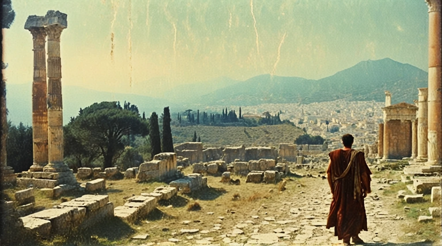 grainy old 35mm vintage, there is a large ancient roman city with dinosaurs and people, Ancient Greece Olympus Zeus-god appearing in god-ray, vast scenery