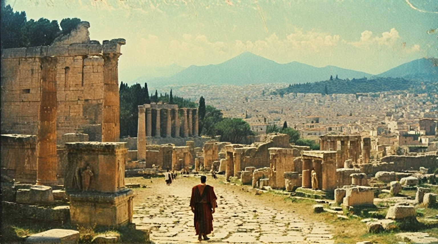 grainy old 35mm vintage, there is a large ancient roman city with dinosaurs and people, Ancient Greece Olympus Zeus-god appearing in god-ray, vast scenery