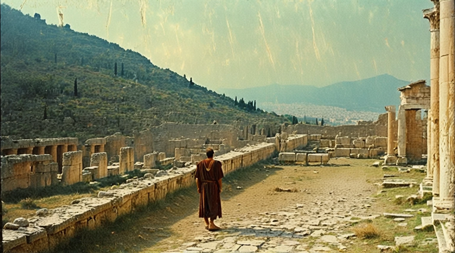 grainy old 35mm vintage, there is a large ancient roman city with dinosaurs and people, Ancient Greece Olympus Zeus-god appearing in god-ray, vast scenery