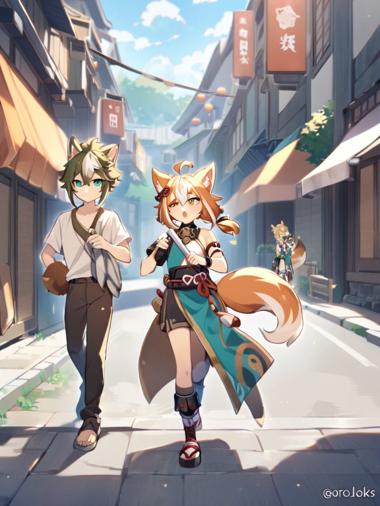1 boyfriend, one girl,Gorou Genshin impact, walks down the street, Goro looks at the girl fox,1girl, :o, ahoge, animal ear fluff, animal ears, bangs, bare shoulders, blonde hair,  fox girl, fox tail, green eyes, hair ribbon, heterochromia, holding, long hair,Two people on art, Goro and a fox girl,A fox girl with long yellow hair tied in two ponytails ,4HD,Goro in his fighting clothes