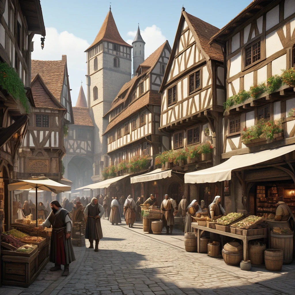 Illustrate a bustling medieval city filled with townsfolk engaged in their daily activities. The scene should be rich with period details: cobblestone streets, half-timbered houses, market stalls overflowing with goods, and townspeople in authentic medieval attire. Capture the vibrant, lively atmosphere and the intricate architecture that defines the era."





