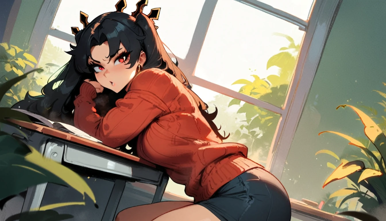 1girl, ishtar \(fate\), fate \(series\) \\\\\ masterpiece, best quality, very aesthetic, absurdres, newest \\\\\\ slim body,///// ,by nyantcha,cutesexyrobutts , by khyle,,////// beautiful face, sexy, red eyes, , at school, windows, greenery, sweater,skirt,at desk