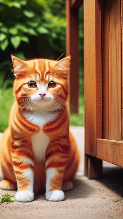 Garden cat,under the sun,Warm orange hair,Detailed sketch style,Close-up with focus on cat's eyes,Mao's eyes are painted with a gem-like material,Added cat purring sound,It's a warm and peaceful scene....