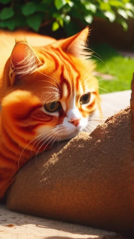 Garden cat，under the sun，Warm orange hair，Detailed sketch style，Close-up with focus on cat's eyes，Mao's eyes are painted with a gem-like material，Added cat purring sound，It's a warm and peaceful scene....