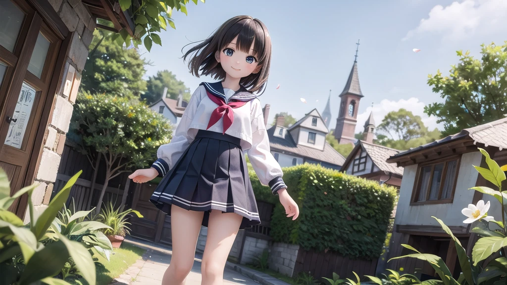 (masterpiece),  town,  blue sky,  One girl,  smile,  alone,  Sailor suit、Long skirt,  Overgrown,  petal,  plant、Skirt lining、Translucent slip