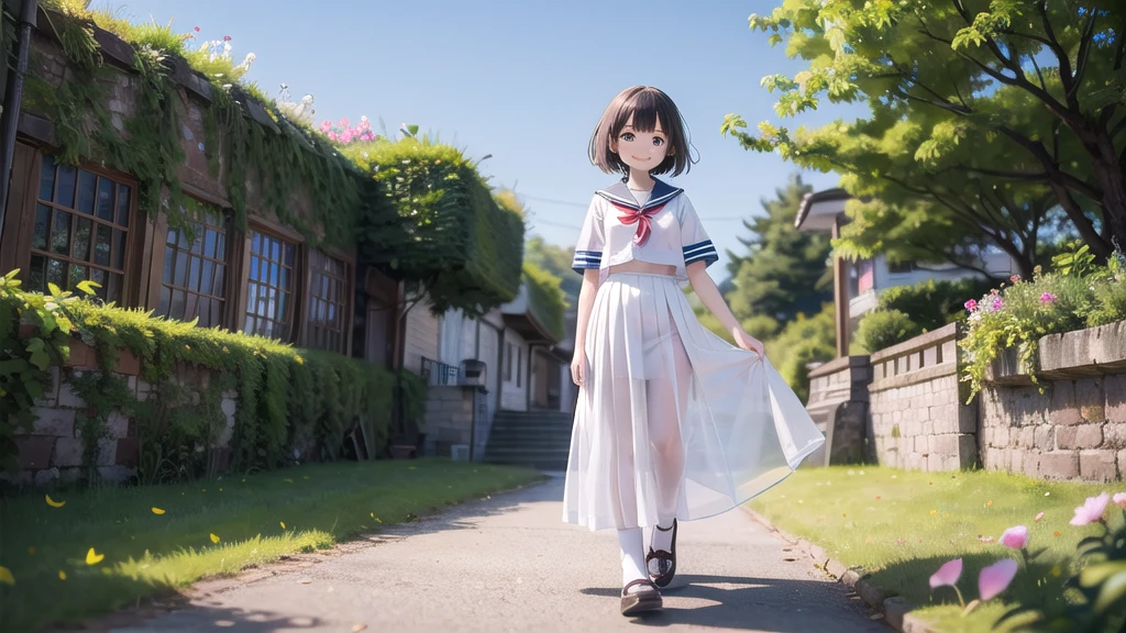 (masterpiece), town, blue sky, One girl, smile, alone, Sailor suit、Long skirt, Overgrown, petal, plant、Skirt lining、Translucent slip