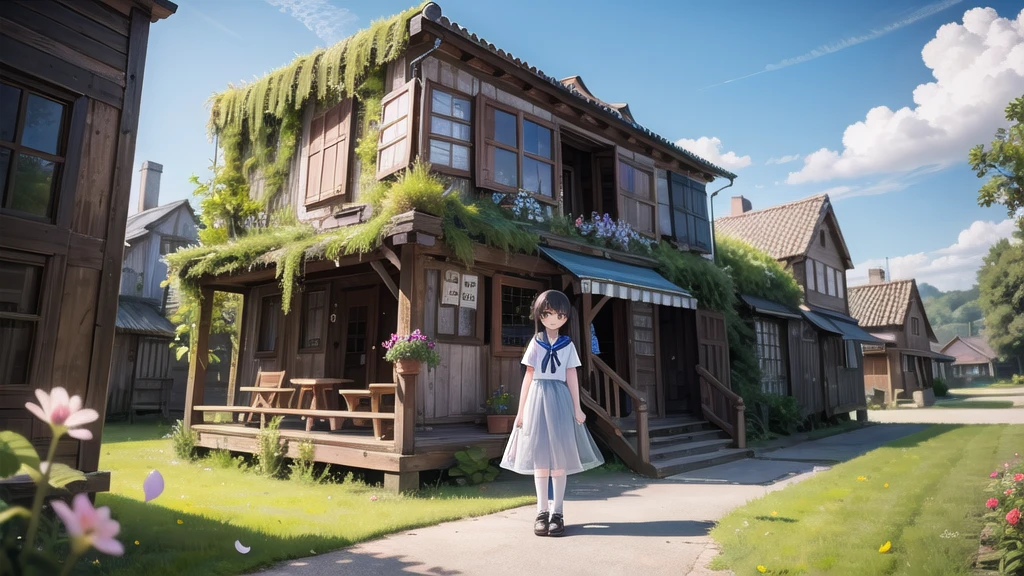 (masterpiece), town, blue sky, One girl, smile, alone, Sailor suit、Long skirt, Overgrown, petal, plant、Skirt lining、Translucent slip