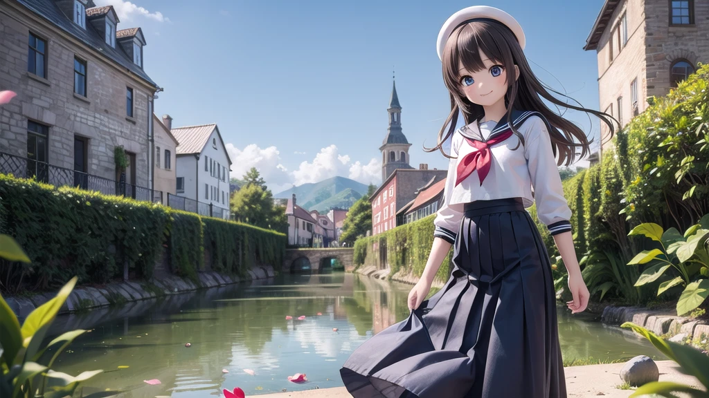 (masterpiece), town, blue sky, One girl, smile, alone, Sailor suit、Long skirt, Overgrown, petal, plant、Skirt lining、Translucent slip