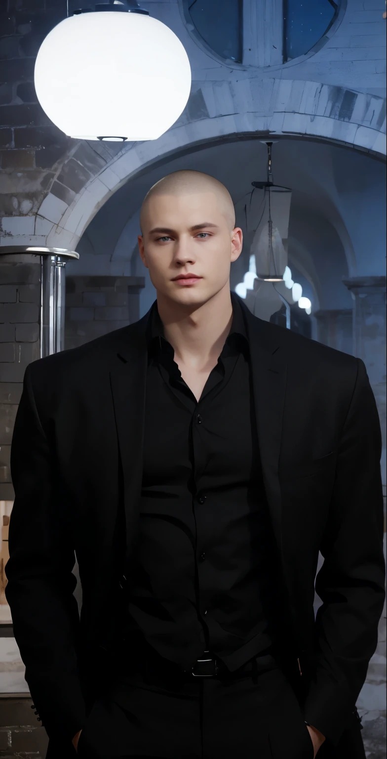 A man with good physical shape , wearing black suit , pale skin , lighg short buzzcut , blue eyes