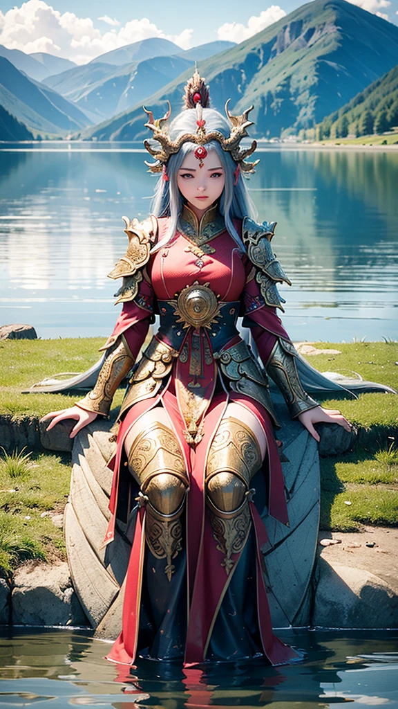 A girl touch the dragon head at the lake、the dragon kneel infront of her. Super hyper-realistic 8k photo, close-up photo