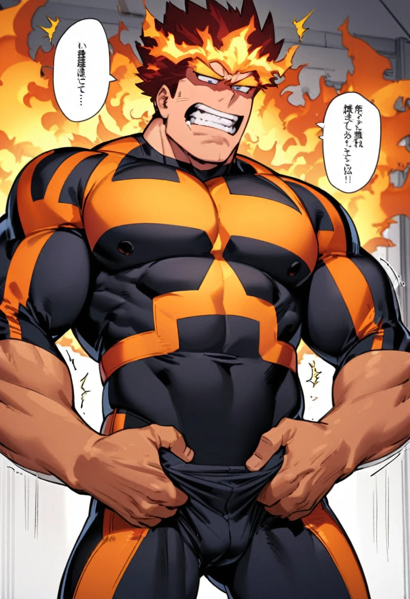 Endeavor, my hero academia, from front, super fine, bodysuits, middle-aged man, hunk, looking down and mouth wide open with shocked face, crotch grab, crotch squeeze,