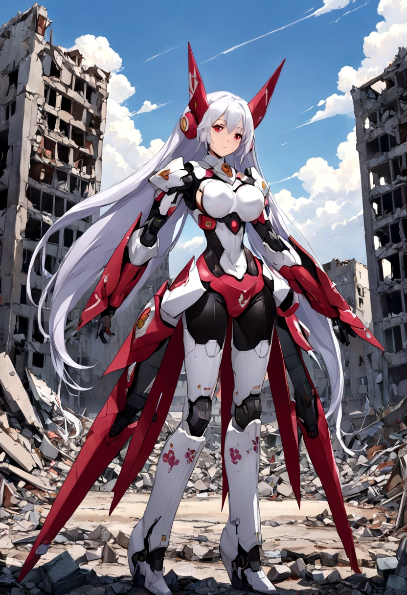 A mecha-style magical girl with impressive long hair, Elegant white hair in twin tails, framing her striking red eyes. She stands confidently, Her whole body was facing the viewer., Crimson, An intricately designed magical girl-style mecha armor. The suit covers her from head to toe., Emphasize feminine curves. A desolate, destroyed cityscape is visible in the background., Rubble and debris scattered around, Reflecting the aftermath of an apocalyptic war or catastrophe. A mecha magical girl appears to be standing among the ruins, Her expression is calm and resolute, She seems like a harbinger of hope in this desolate landscape..laughing