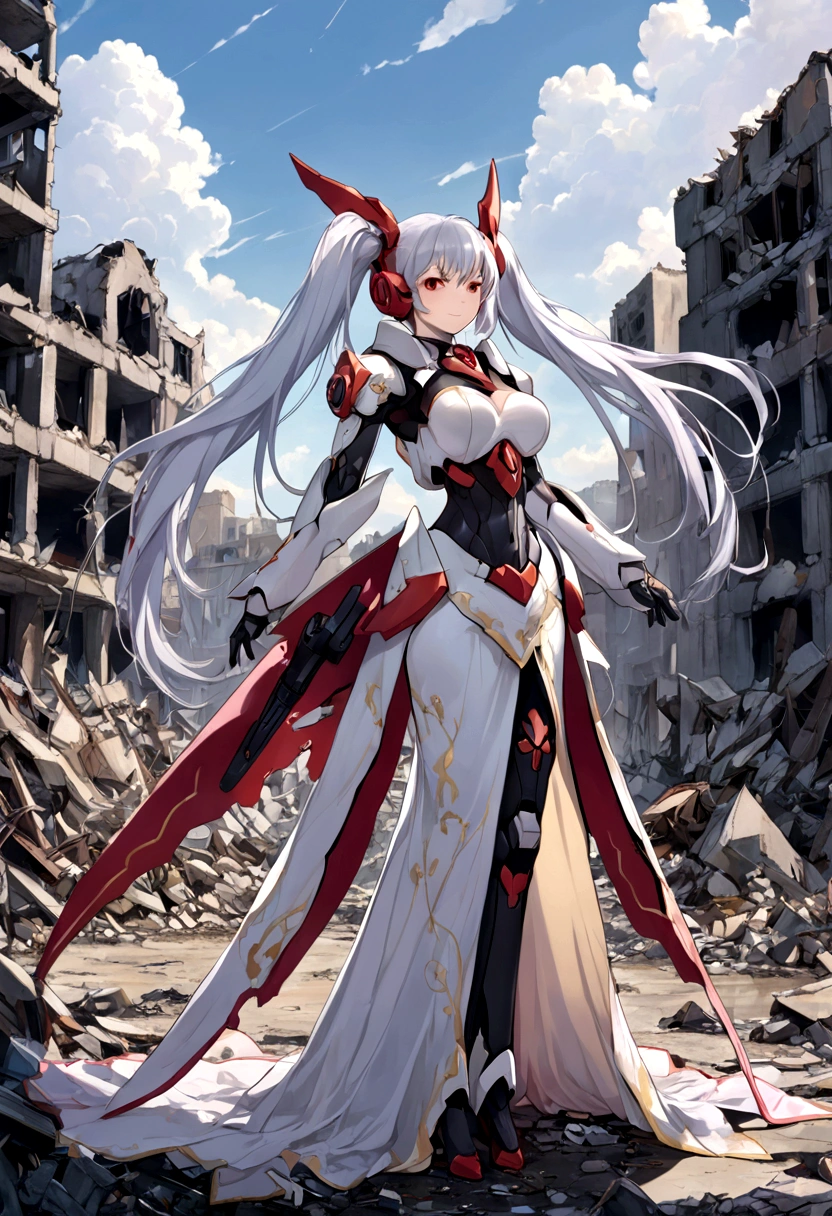 A mecha-style magical girl with impressive long hair, Elegant white hair in twin tails, framing her striking red eyes. She stands confidently, Her whole body was facing the viewer., Crimson, An intricately designed magical girl-style mecha armor. The suit covers her from head to toe., Emphasize feminine curves. A desolate, destroyed cityscape is visible in the background., Rubble and debris scattered around, Reflecting the aftermath of an apocalyptic war or catastrophe. A mecha magical girl appears to be standing among the ruins, Her expression is calm and resolute, She seems like a harbinger of hope in this desolate landscape..laughing