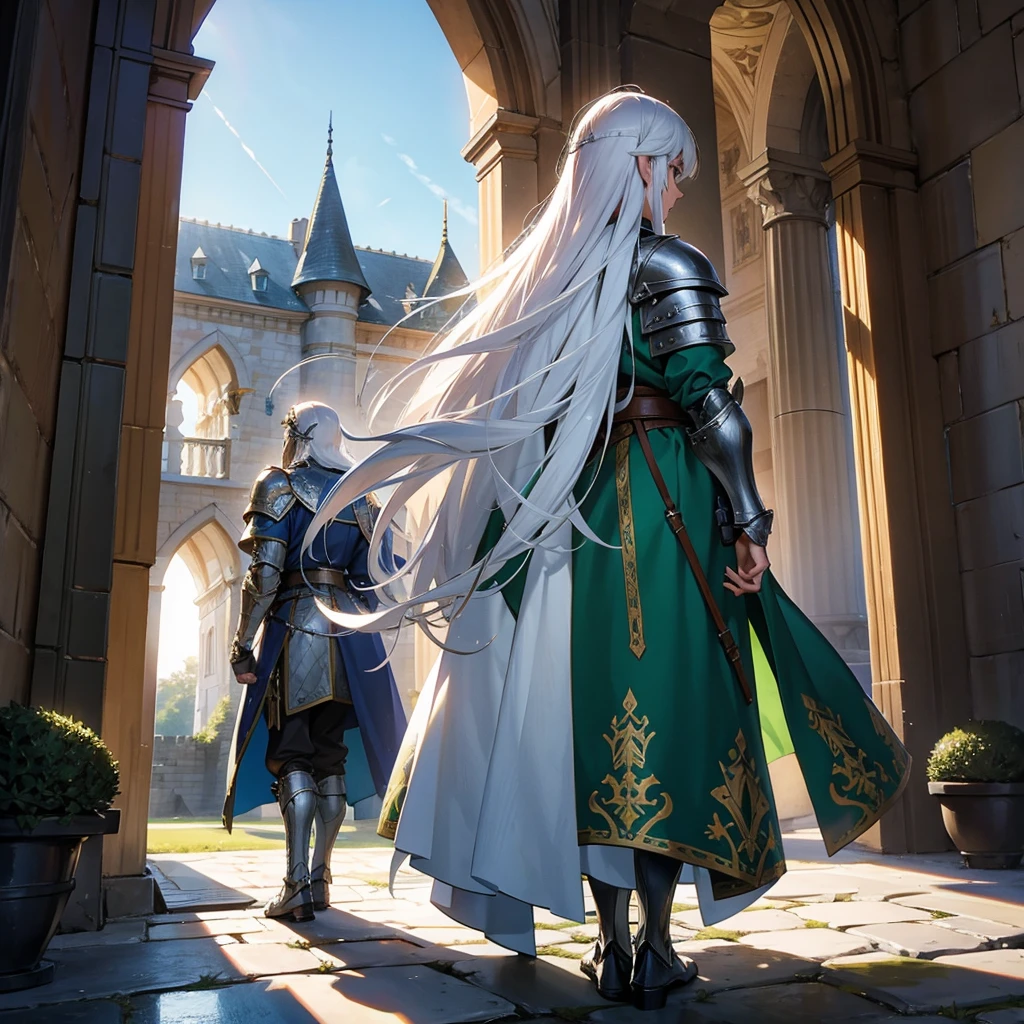 back view of a single long white haired armored prince in the castle. with green medieval armor