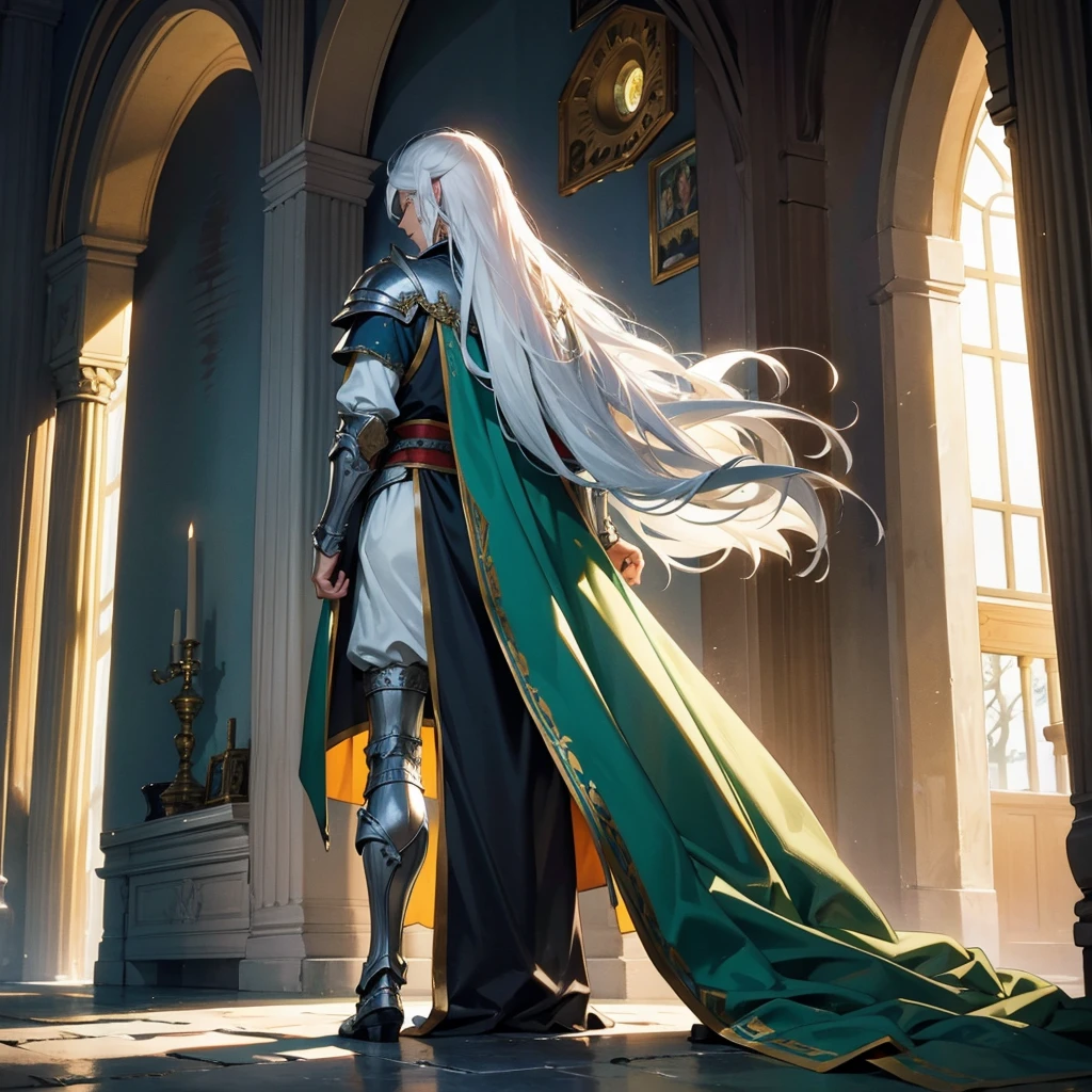 back view of a single long white haired armored prince in the castle. with green medieval armor