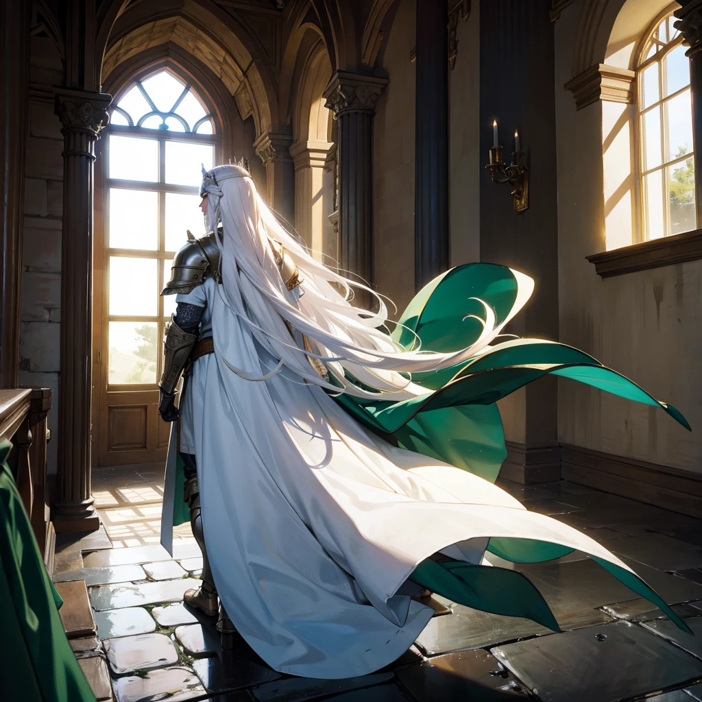 back view of a single long white haired armored prince in the castle. with green medieval armor
