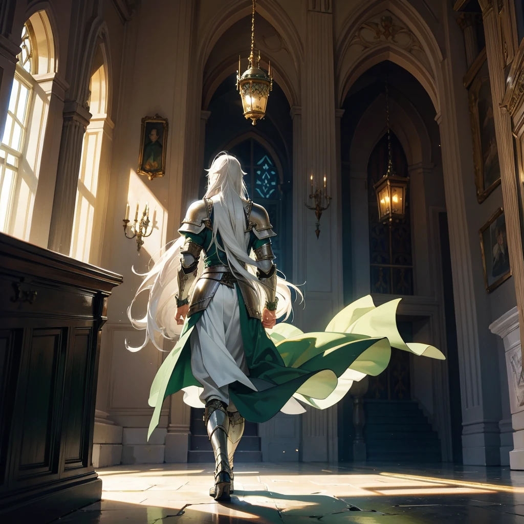 back view of a single long white haired armored prince in the castle. with green medieval armor