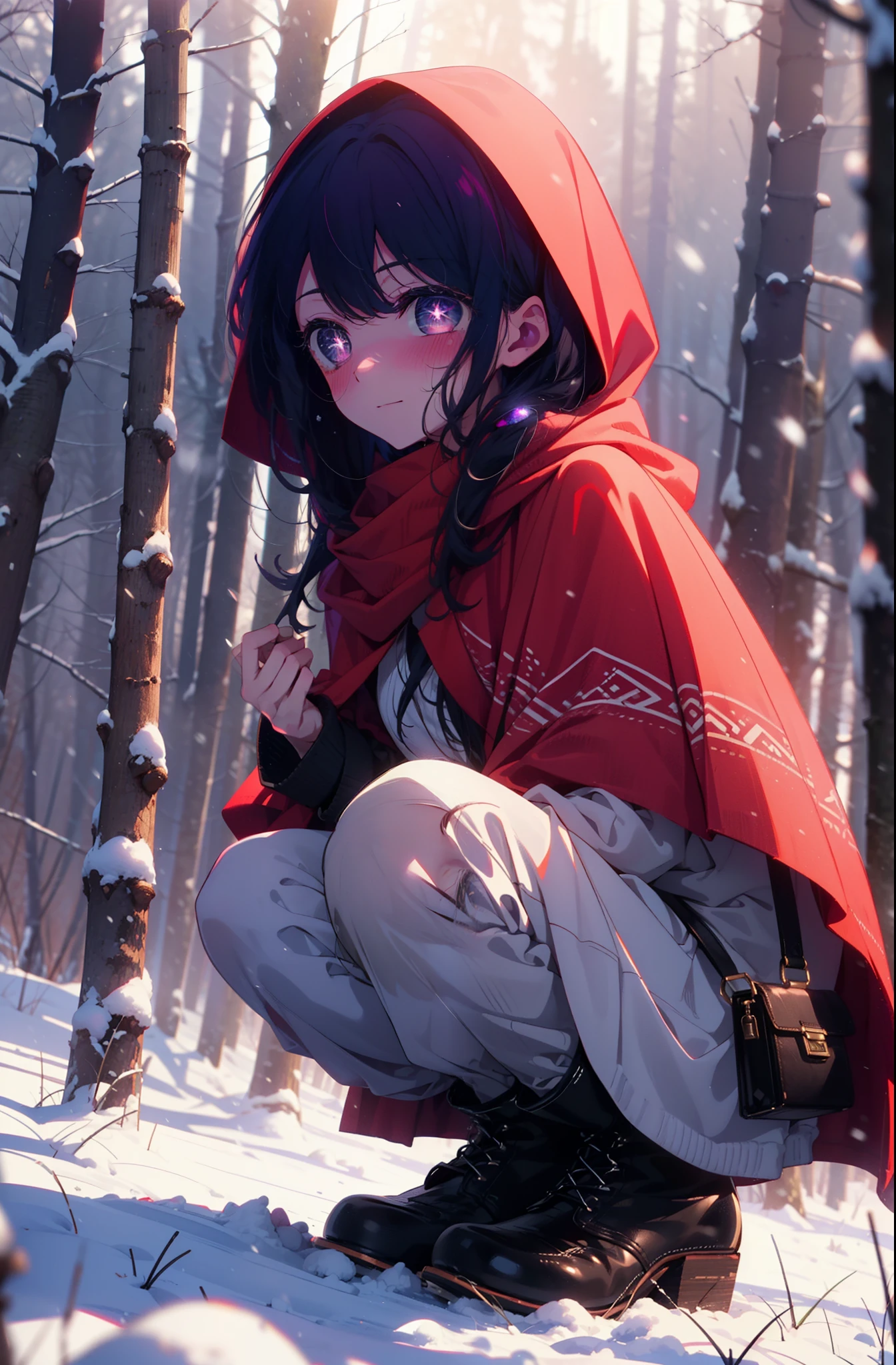 aihoshino, Ai Hoshino, Long Hair, bangs, (Purple eyes:1.1), Purple Hair, (Symbol-shaped pupil:1.5), smile,,smile,blush,White Breath,
Open your mouth,snow,Ground bonfire, Outdoor, boots, snowing, From the side, wood, suitcase, Cape, Blurred, , forest, White handbag, nature,  Squat, Mouth closed, Cape, winter, Written boundary depth, Black shoes, red Cape break looking at viewer, Upper Body, whole body, break Outdoor, forest, nature, break (masterpiece:1.2), Highest quality, High resolution, unity 8k wallpaper, (shape:0.8), (Beautiful and beautiful eyes:1.6), Highly detailed face, Perfect lighting, Extremely detailed CG, (Perfect hands, Perfect Anatomy),