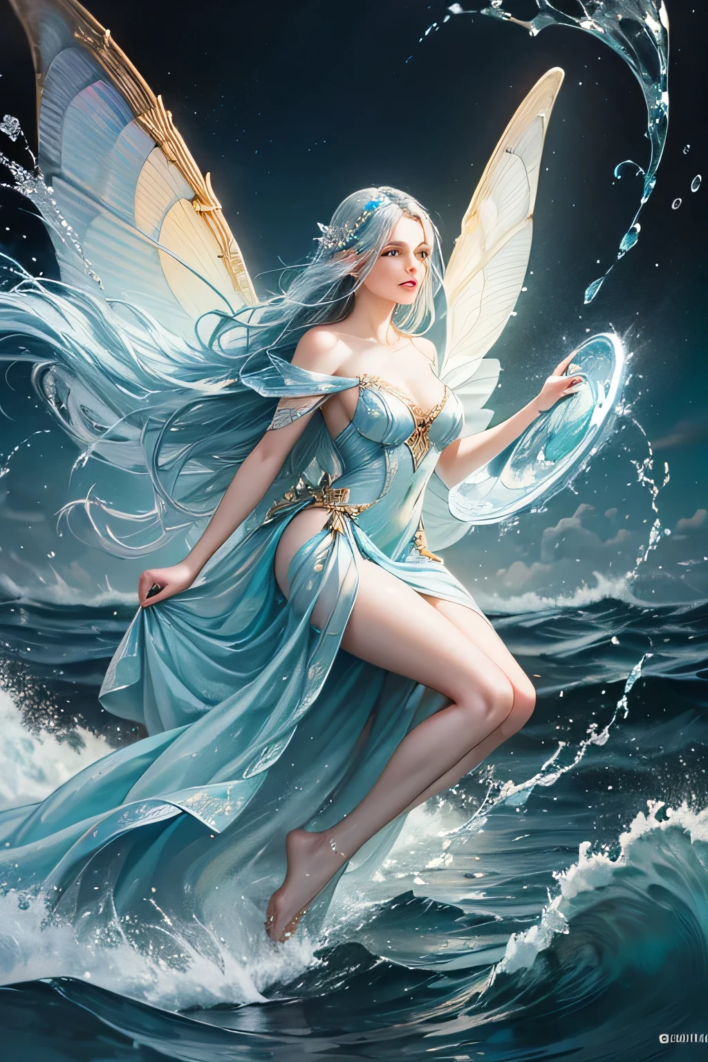 "Create a realistic and enchanting digital illustration of a beautiful female fairy with large, ethereal wings that glisten like flowing water. She should be elegantly dressed in a decent gown that reflects the colors and textures of the ocean. Surround her with dynamic waves and gentle ripples that showcase her control over the element of water. Integrate a distinctive water fairy symbol on her body, signifying her role as the keeper of water and waves, and highlighting the profound aquatic power she possesses within."