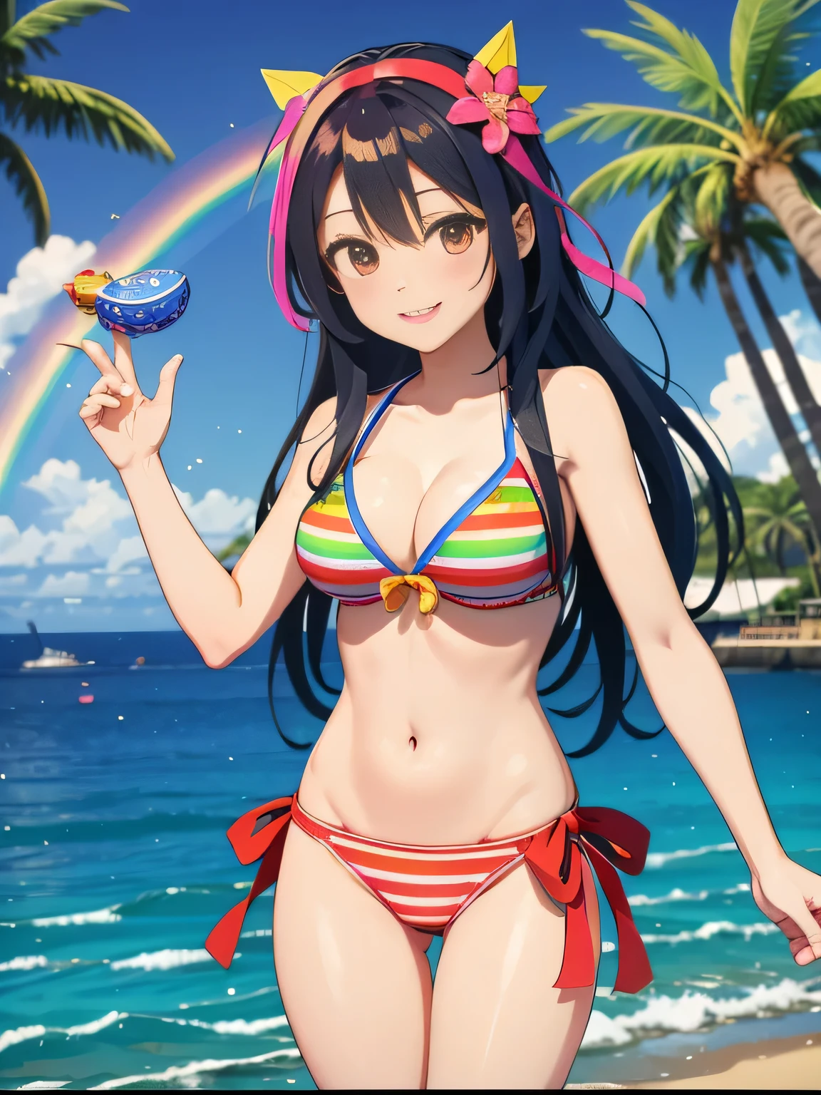 A vibrant anime-style illustration of a cheerful girl at a colorful seaside festival. She is wearing a stylish striped bikini with various accessories, including a headband with a flower and bow, and holding a small rubber duck. The background features a lively scene with a rainbow, palm trees, bunting, water splashes, and various decorations, creating a festive and energetic atmosphere.