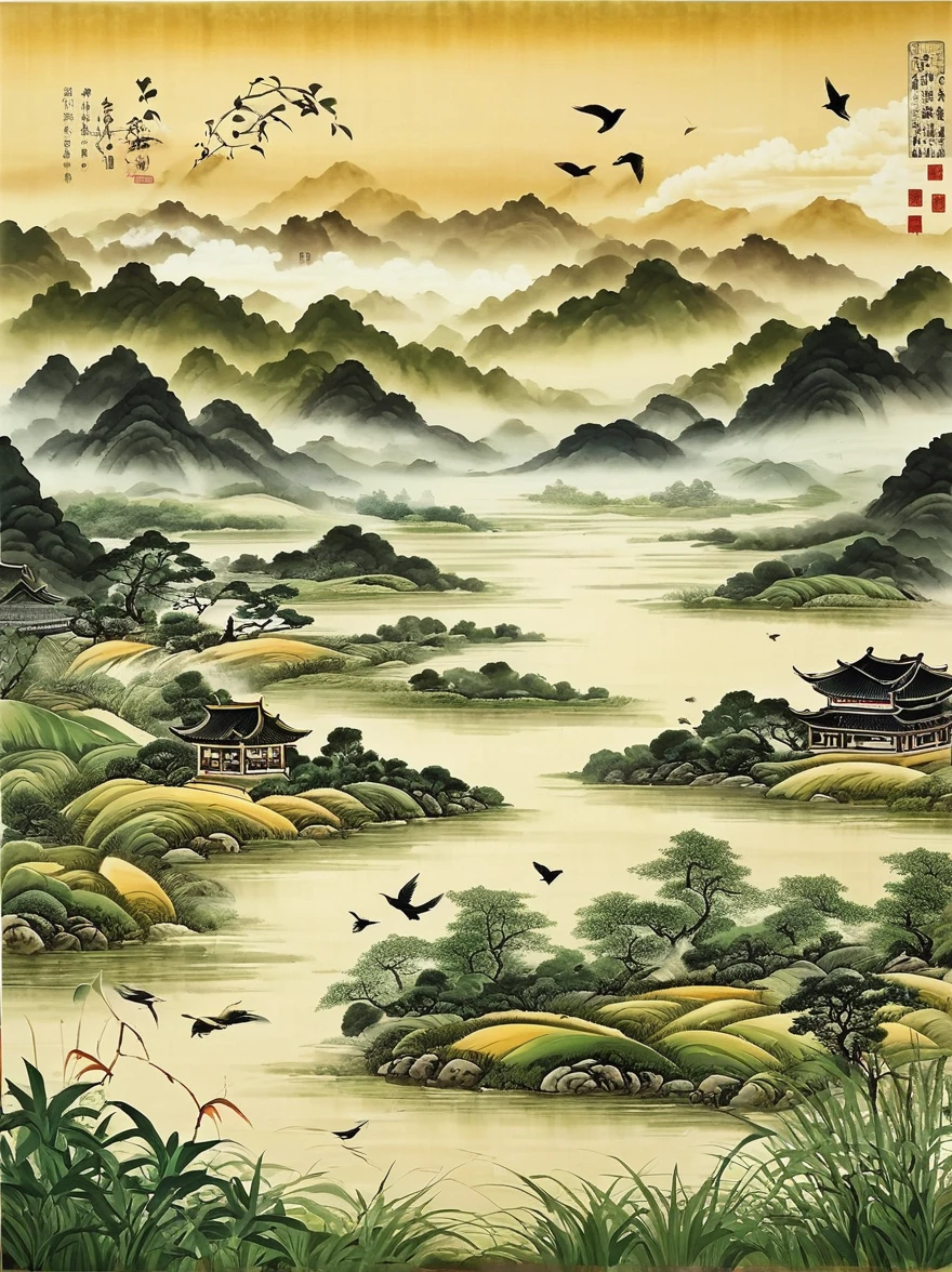 Very detailed，Chinese ink painting style，There are vegetables on the land，There are several pieces of land。Distant River、grassland，Mountains in the distance，Birds circling in the sky