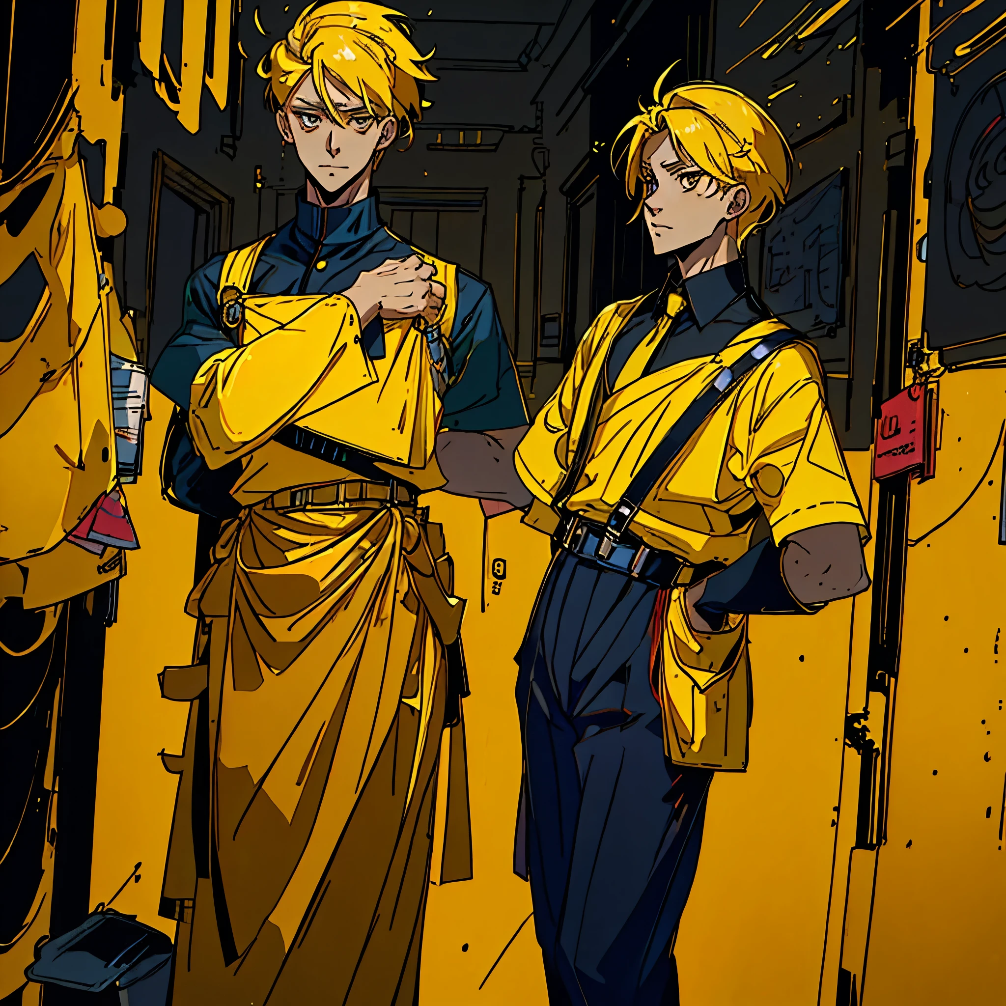 1boy, alone, 25 years old, yellow hair, golden eyes, insister sur les reflets des yeux dorés, cheveux blonds, mid lenght hair, boss, formal business outfit, yellow outfit, yellow clothes, black suspenders, arrogant look, Jen Zee style, bureaucratic themed, workhaholic, modern look, work fashion, bureau clothes, bureau, desk, work furniture, yellow themed image, yellow furniture, mustard touches of olor, mustard colored walls, kim goo character, kim goo inspiration, kim goo lookism, kim goo manager kim, looking at viewer, flower of the cult vagabondart1 style, vagabondart1 instagram, khoffi art style, khoffi style, khoffi instagram