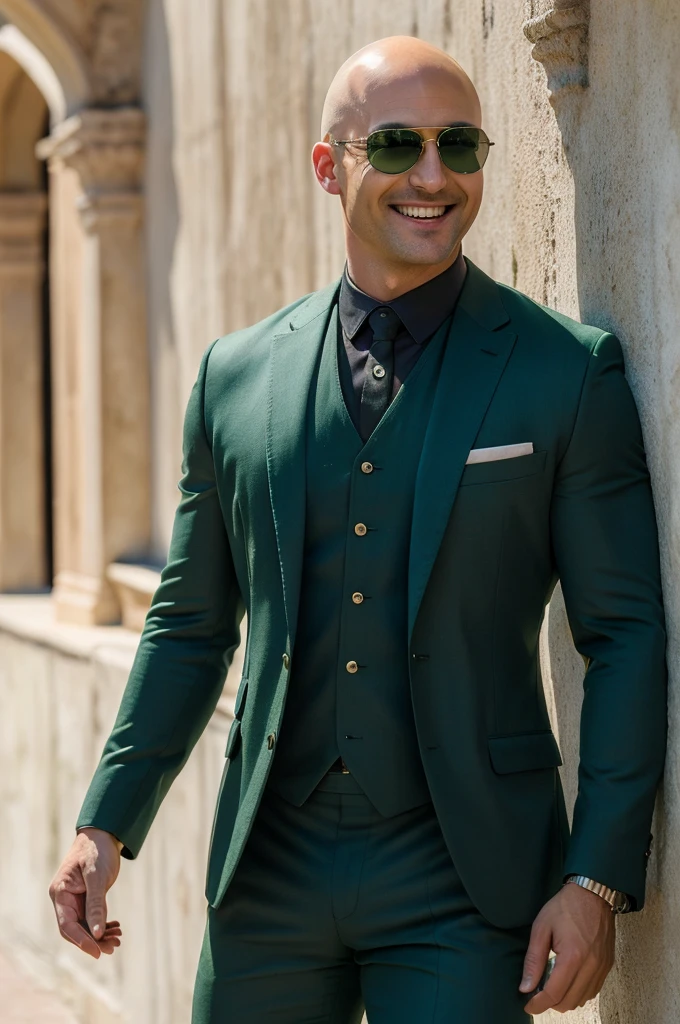 ((8k ((best quality)), ((masterpiece)), (very detailed), real face bald male muscular male full body wear full green suit sunglasses stand by wall smiling