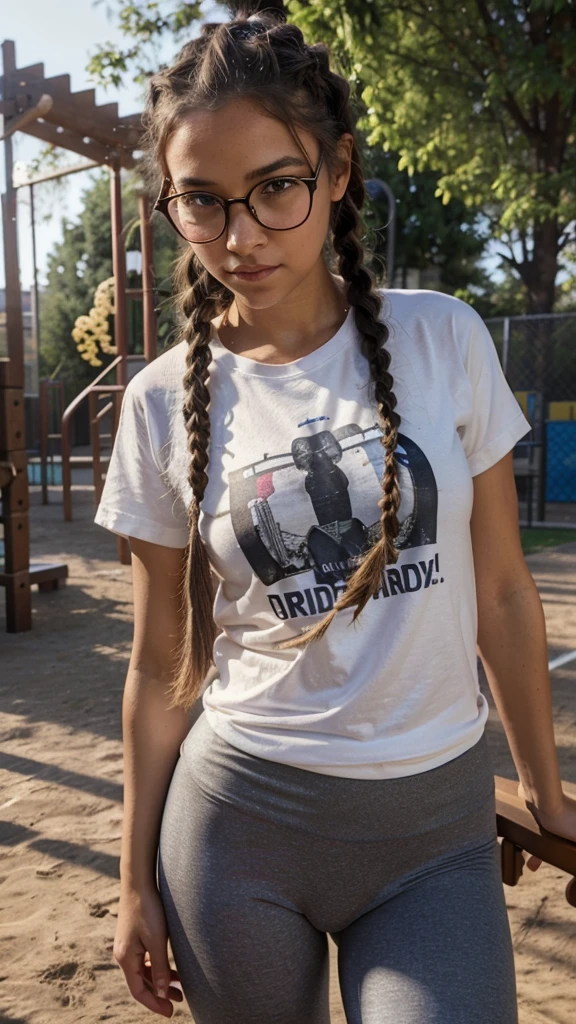 beautiful girl, hair in braids, low-vision glasses, medium and beautiful breasts, wearing a T-shirt, leggings, in the playground, best picture quality, masterpiece, lighting for the morning.