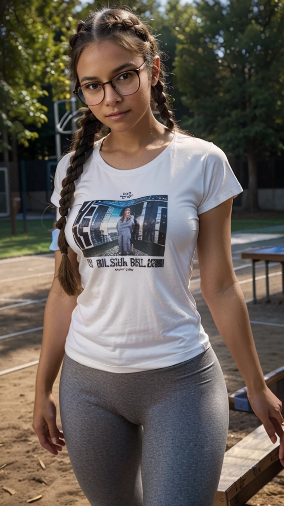 beautiful girl, hair in braids, low-vision glasses, medium and beautiful breasts, wearing a T-shirt, leggings, in the playground, best picture quality, masterpiece, lighting for the morning.