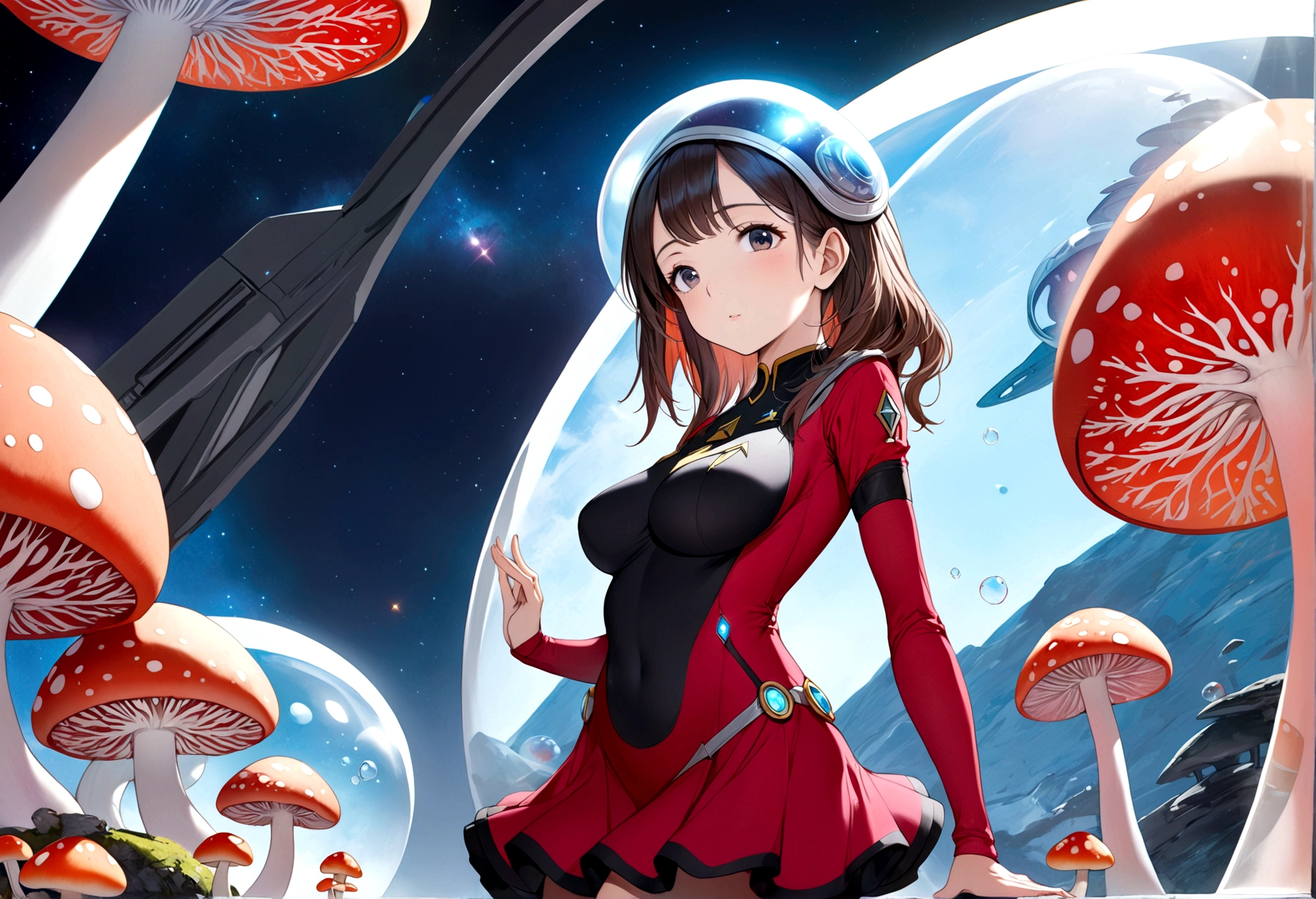 Sexy woman (age 25, sexy starfleet explorer mini dress, bubble dome helmet) she is exploring an alien world when mushroom women come out and inspect her