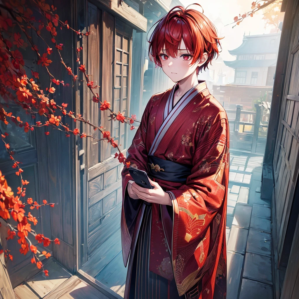 (masterpiece, top quality, best quality, official art, aesthetic:1.2), (1boy:1.3), boy, extremely detailed,(fractal art:1.2),colorful, highest detailed, wallpaper,red eyes, short comma haircut, red hair, black horns, (sad, sadness expression, sadness face), yukata outfit, holding a smartphone, (cowboy shot), in rooftop school, looking out