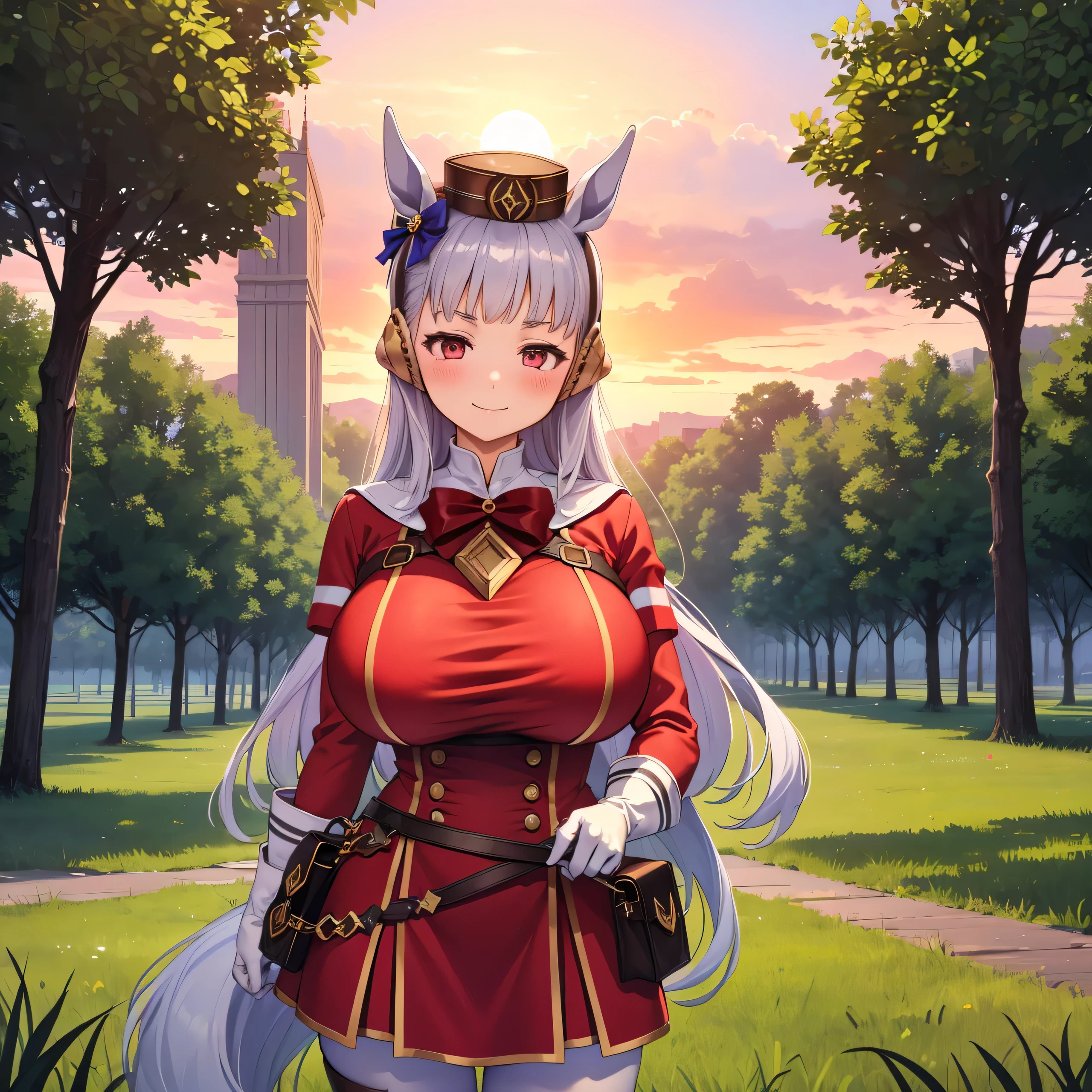 (masterpiece, Highest quality:1.2), alone, One girl, umpd gold ship, pillbox hat,Red dress,No sleeve, White Pantyhose, White gloves、boots, Horse tail,、grassland、Nature、blush、smile、summer、Sunset、(Huge breasts:1.2)、Nipples are visible、Clothes are see-through、Cute pose