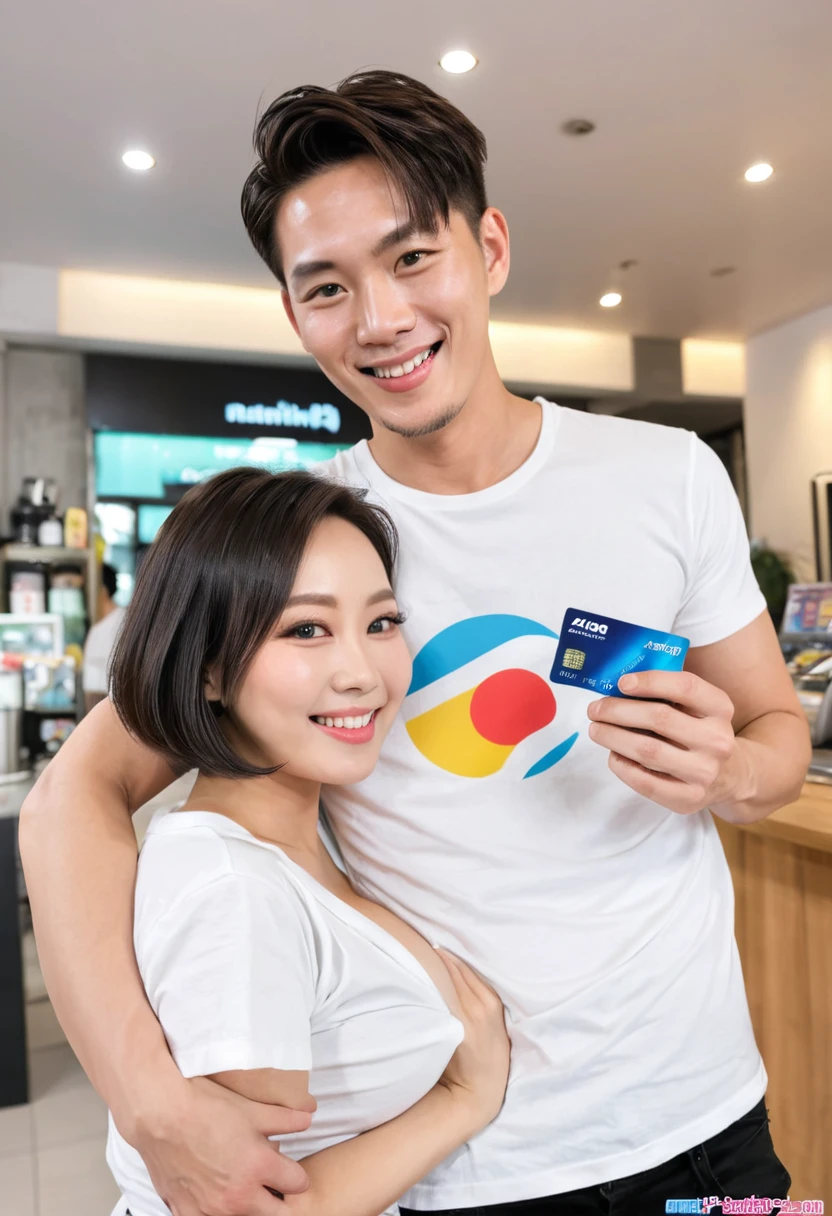 AI big breasts_human Asian male性 male wild Short Hair short hair Plain white T-shirt Hug her looking at the camera smile holding credit card