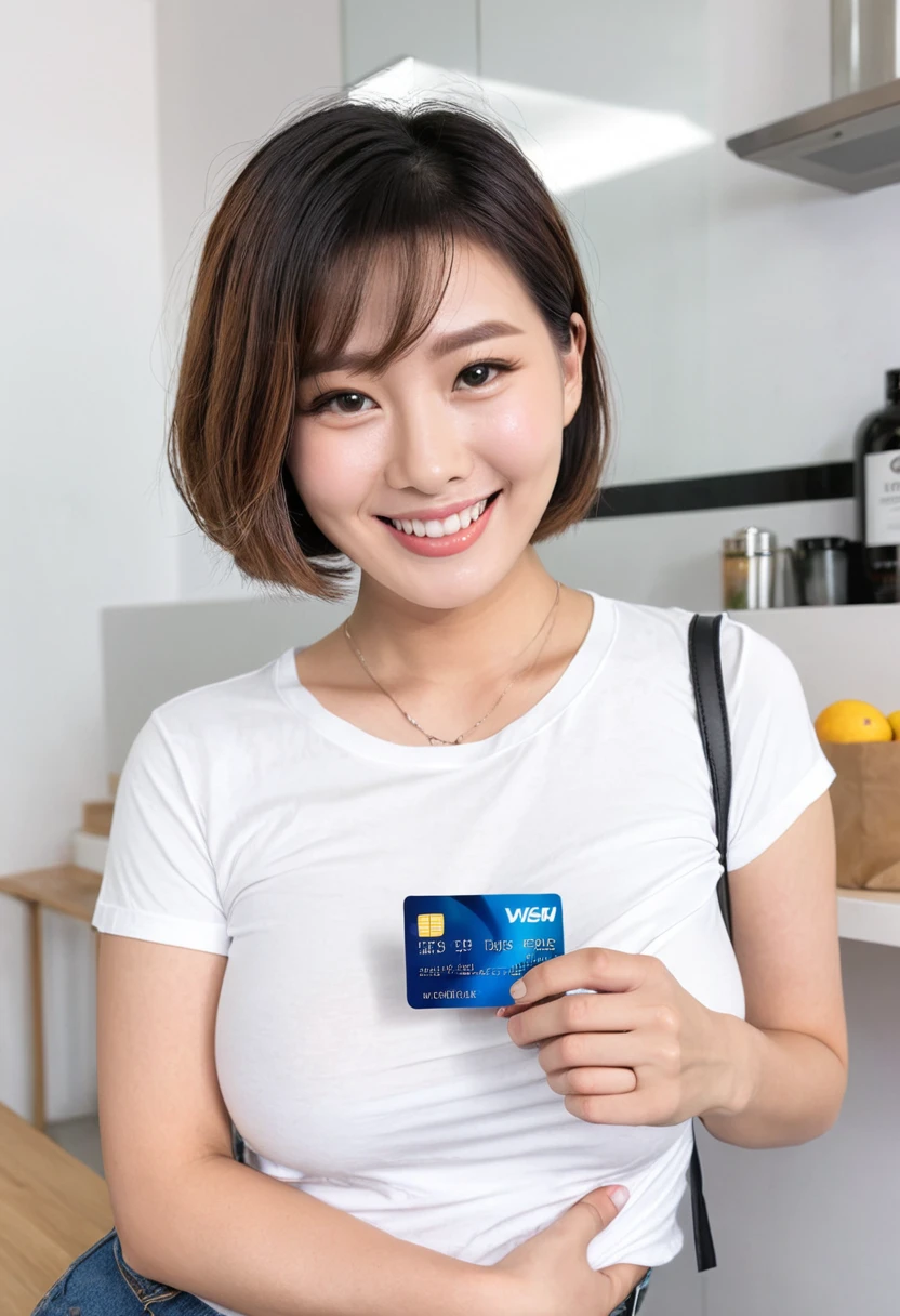 AI big breasts_human Asian male性 male wild Short Hair short hair Plain white T-shirt Hug her looking at the camera smile holding credit card