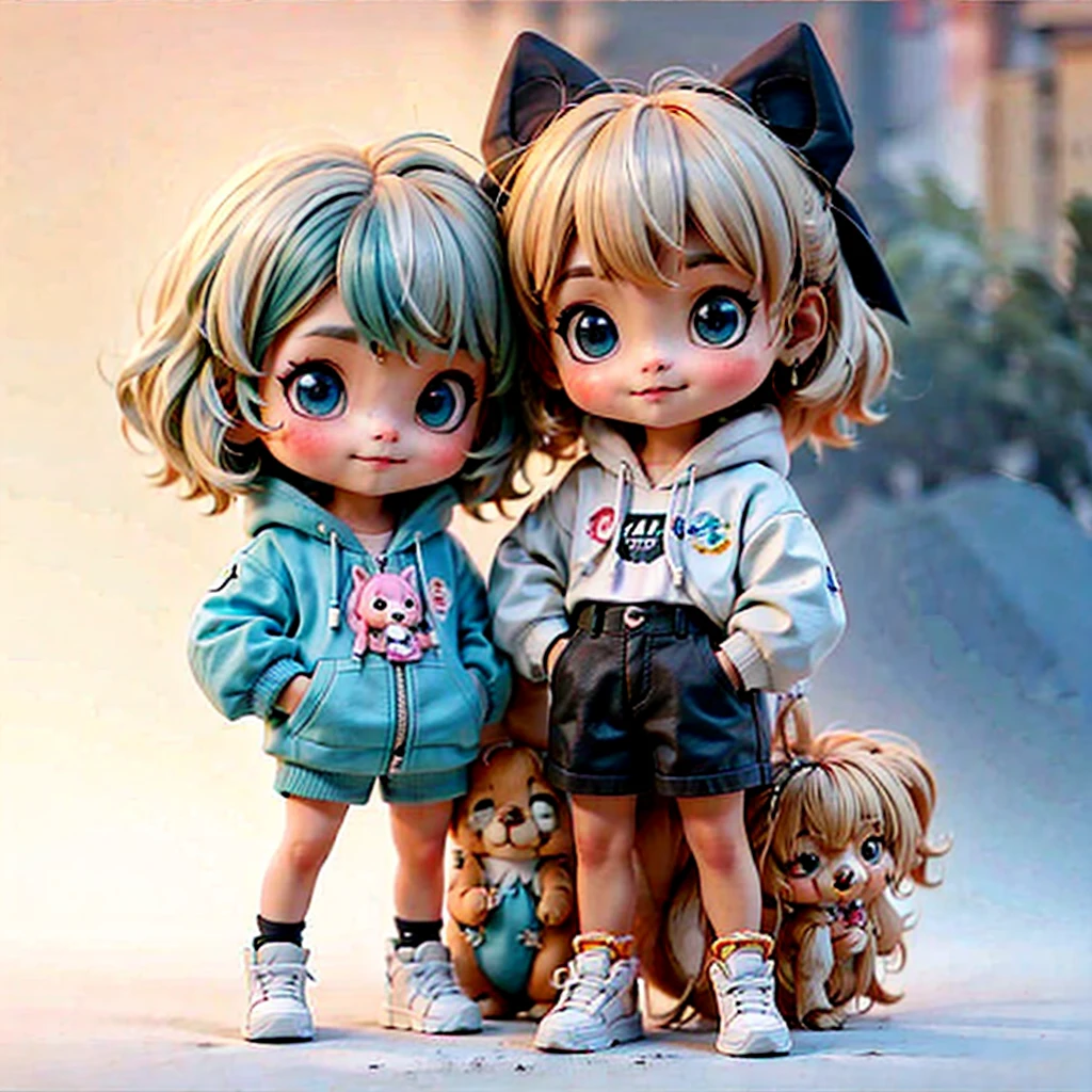 Doll、doll、Shiba Inu Girl Chibi Run、delicate、detailed、high quality、high resolution、4K、high quality、Short Mash Hair、Short Hair、Blonde Hair Color、Turquoise Eyes、White hoodie、Black hot pants、Black sneakers、