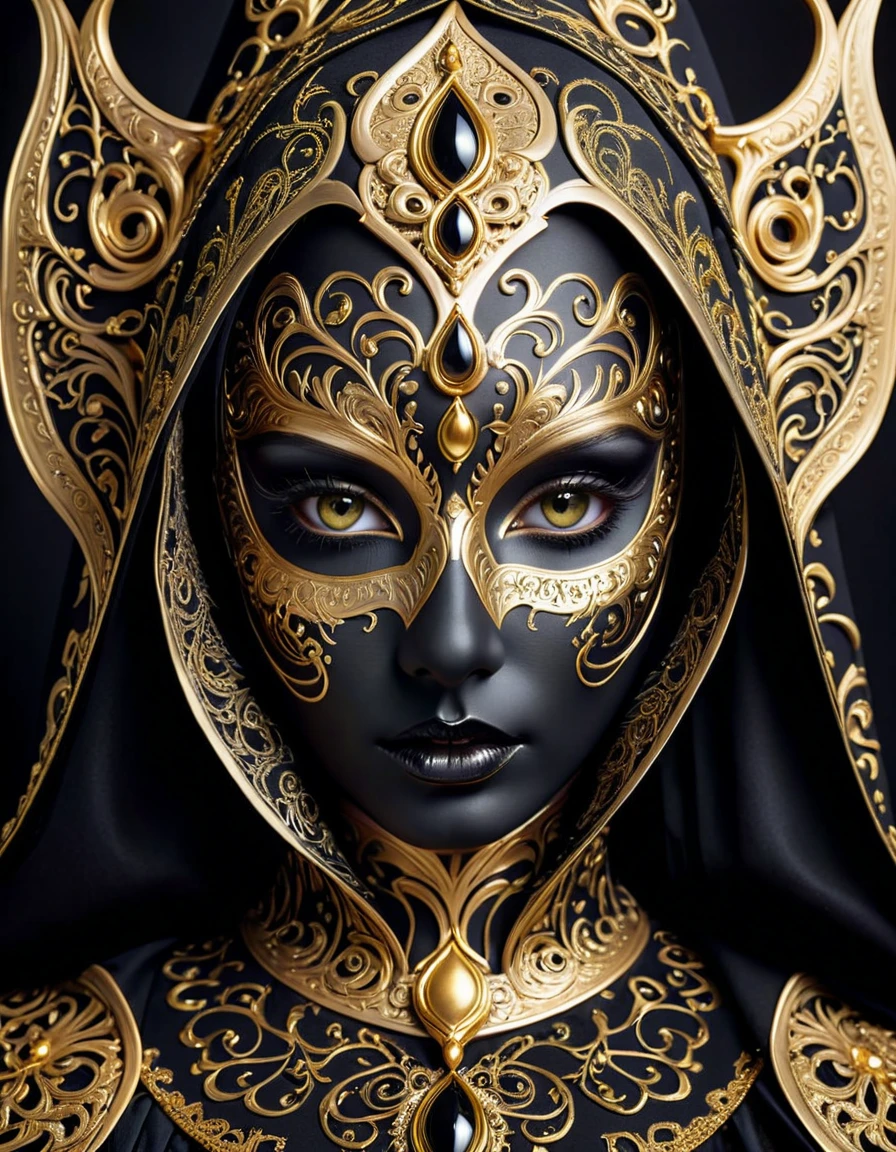 mask, intricate, detailed, face paint, gold accents, black hood, mysterious, ornate, eyes, pattern, design, art, close-up, fantasy, costume, decoration, ceremonial, gothic, surreal, monochrome, makeup, golden embellishments, dramatic, creative, artistic, portrait, dark, ethereal, fantasy character, elaborate.