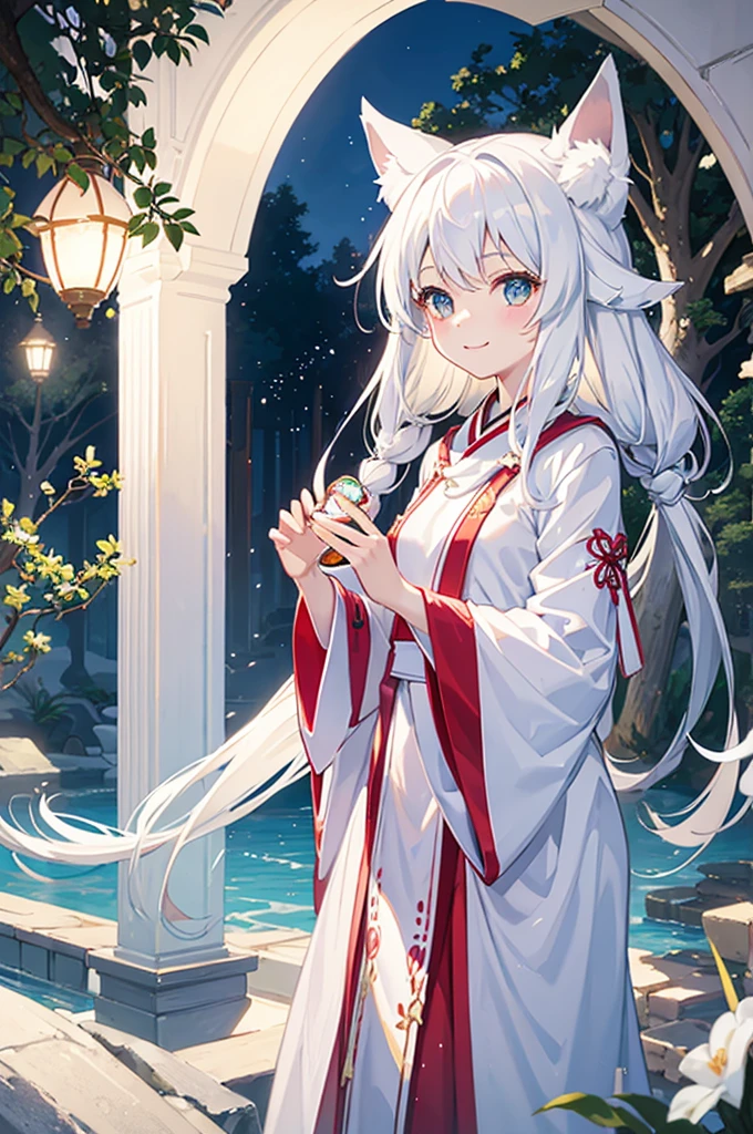 White fox girl、About 8 years old、Smiling、A seductive and sacred look、Night Forest、Shrine maiden costume、Upper Body、There are balls of light floating around