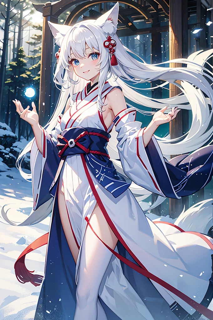 White fox girl、About 8 years old、Smiling、A seductive and sacred look、Night Forest、Shrine maiden costume、Upper Body、There are balls of light floating around
