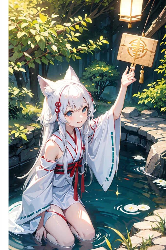 White fox girl、About 、Smiling、A seductive and sacred look、Night Forest、Shrine maiden costume、Upper Body、There are balls of light floating around