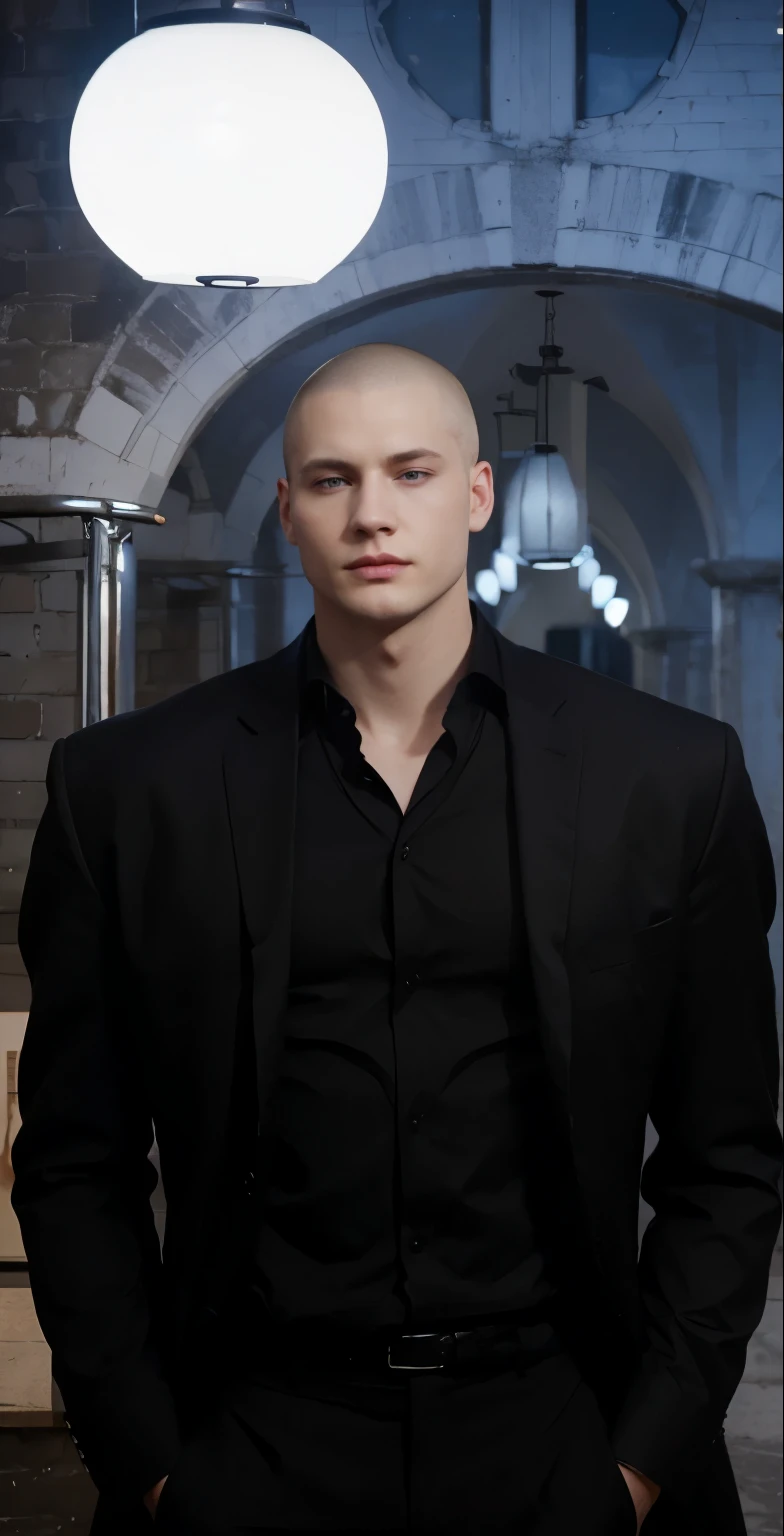 A man with good physical shape , wearing black suit , pale skin , light short buzzcut , blue eyes