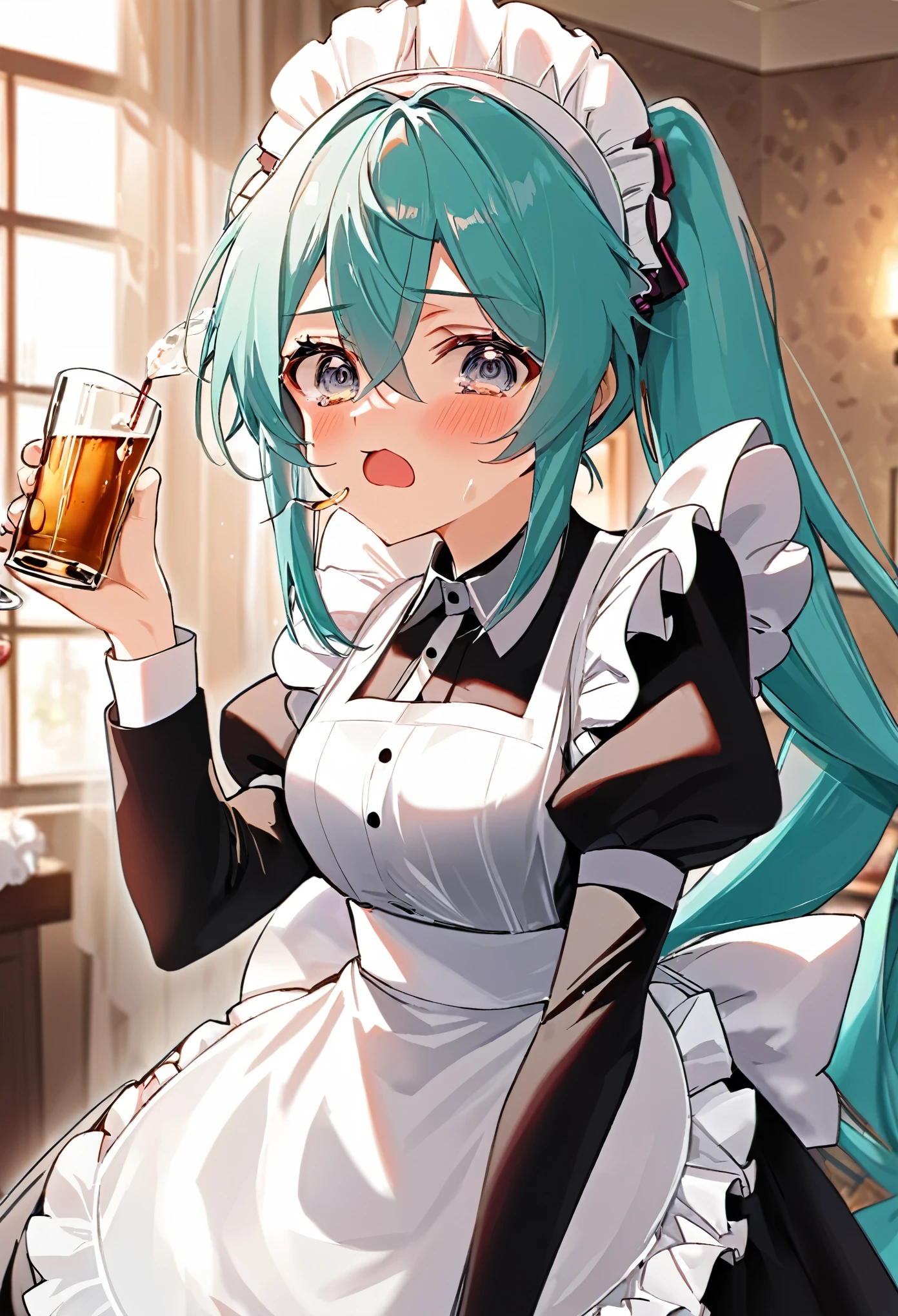(((maid clothes)))), (((big)))), drunken eyes, Hatsune Miku,