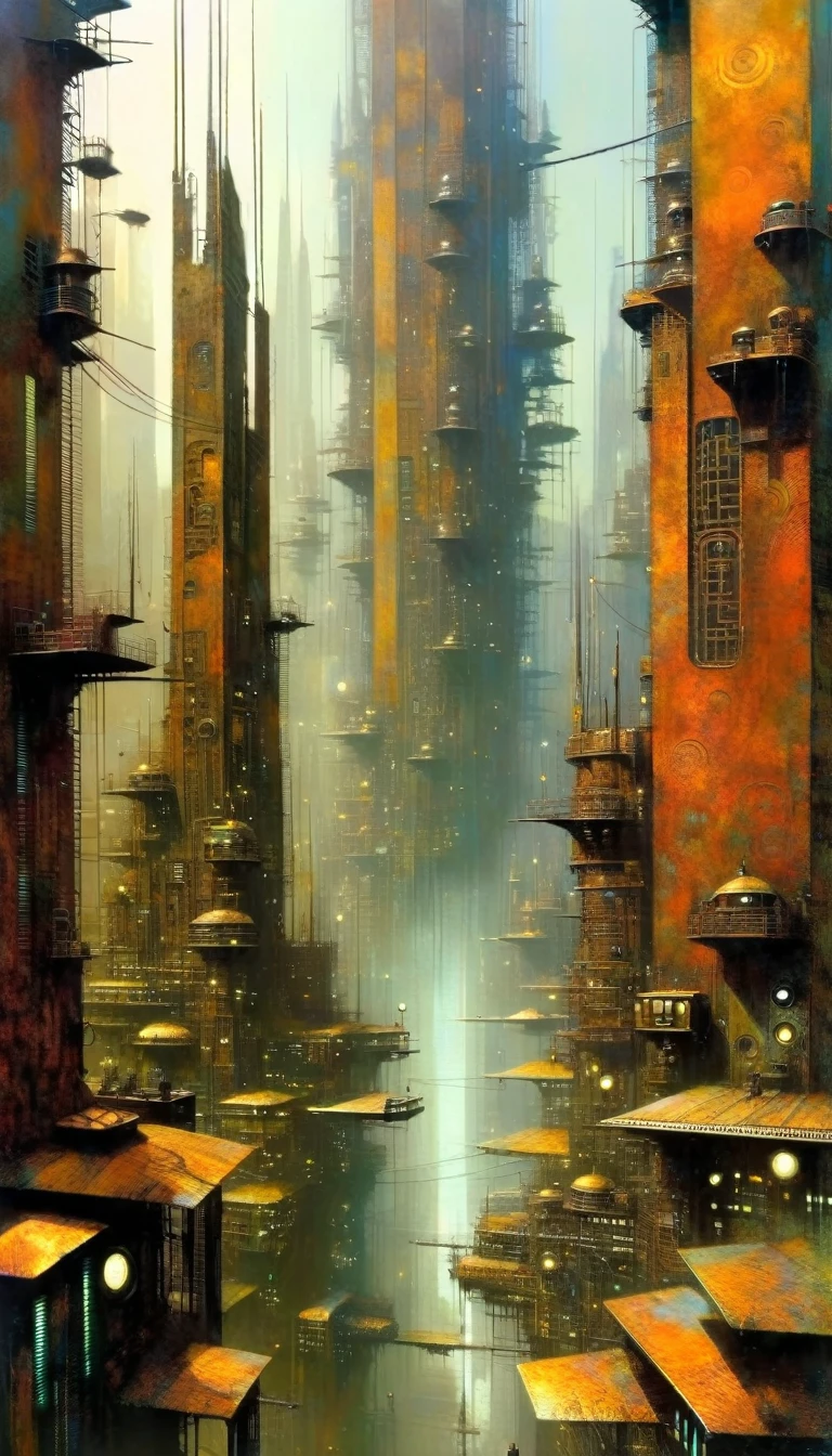 futuristic city.1.5, rusty metal city, lots of details (Dave Mckean inspired art, intricate details, oil painting)