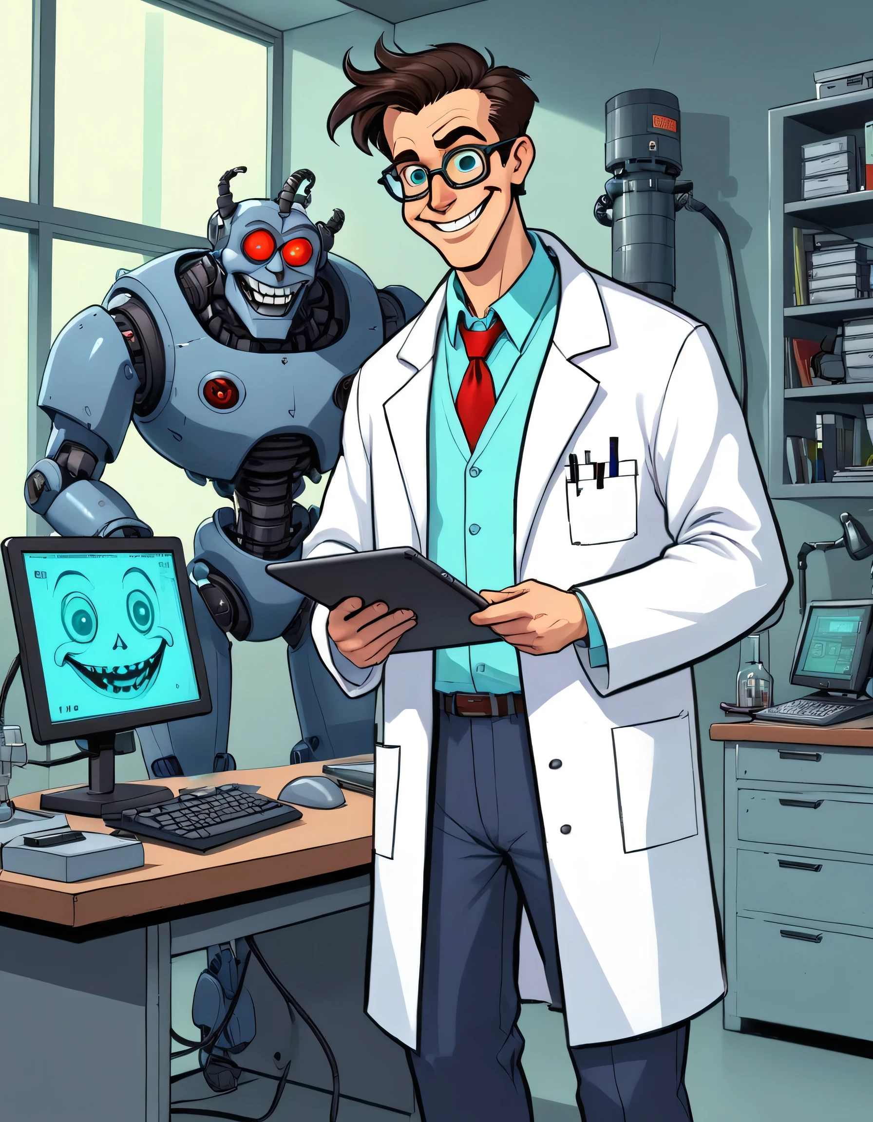 1man, masterpiece, best quality, hires, mad scientist, dark brown hair, cartoon eyes, hazel eyes, white lab coat, cyan shirt, red necktie, glassess, dark blue slacks, bown shoes, goofy cartoon style, holding computer tablet, evil grin, smile, laboratory with computers, giant robot in the backdrop, hyper genius, inventor, indoors, villain.