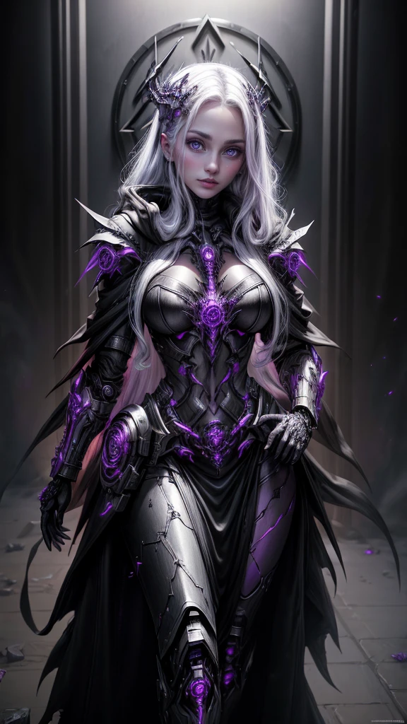 a dark fantasy cyberpunk android woman, 1 girl, highly detailed, hyper realistic, masterpiece, 8k, photorealistic, beautiful detailed eyes, beautiful detailed lips, extremely detailed face, long eyelashes, long white hair, shawl, black coat, glowing purple eyes, expressionless, mecha long skirt, holding a weapon, beautiful necromancer, dark cloaked necromancer, beautiful death, dark witch character, (black purple:1.1), studio lighting, professional, vivid colors, physically-based rendering, extreme detail description