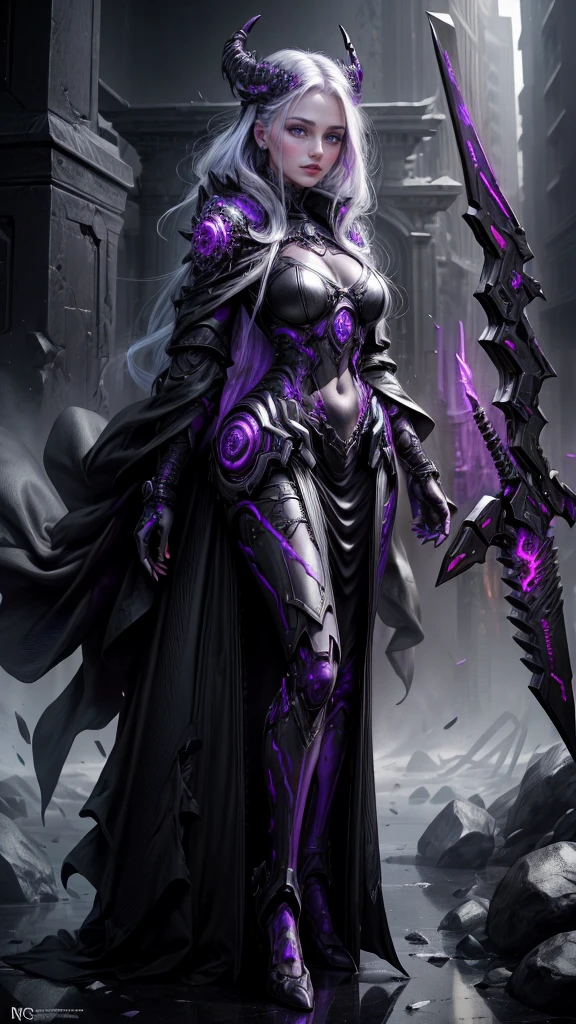 a dark fantasy cyberpunk android woman, 1 girl, highly detailed, hyper realistic, masterpiece, 8k, photorealistic, beautiful detailed eyes, beautiful detailed lips, extremely detailed face, long eyelashes, long white hair, shawl, black coat, glowing purple eyes, expressionless, mecha long skirt, holding a weapon, beautiful necromancer, dark cloaked necromancer, beautiful death, dark witch character, (black purple:1.1), studio lighting, professional, vivid colors, physically-based rendering, extreme detail description