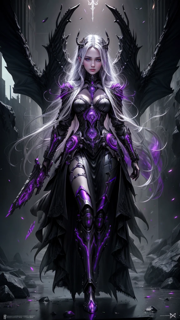 a dark fantasy cyberpunk android woman, 1 girl, highly detailed, hyper realistic, masterpiece, 8k, photorealistic, beautiful detailed eyes, beautiful detailed lips, extremely detailed face, long eyelashes, long white hair, shawl, black coat, glowing purple eyes, expressionless, mecha long skirt, holding a weapon, beautiful necromancer, dark cloaked necromancer, beautiful death, dark witch character, (black purple:1.1), studio lighting, professional, vivid colors, physically-based rendering, extreme detail description
