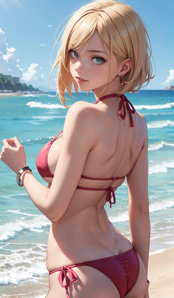 Please follow all prompts below exactly and faithfully. This is a breathtaking masterpiece of digital illustration, with maximum resolution, UHD, 512K, 2160p, 10 million ppi, 300 million dpi, natural color tones, ultra sharp details, perfect outlines with contrast, **most realistic skin and hair textures**, most beautiful detailed eye features, perfect anatomically correct human body, beautiful background with depth, rule of thirds, depth of field, Maximize all element is used to its full potential to create the best digital illustrations, looking back, from behind, 1woman, sexy:1.5, beautiful face sharp, elegant woman, perfect body style, slender, beautiful big breasts, green eyes, blonde hair, hair over one eye, short hair, glossy very thick lips:0.7, pink lipstick:0.7, smile, (bikini:1.5),neckless:1.5, earring, bracelet, (on the beach:1.5),