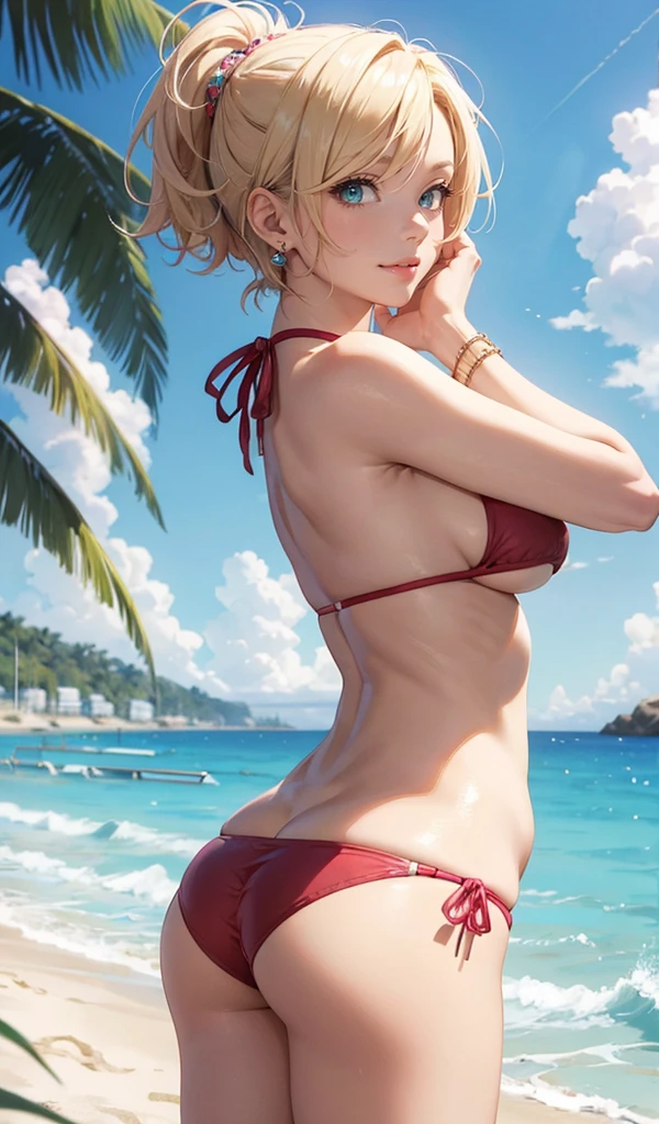 Please follow all prompts below exactly and faithfully. This is a breathtaking masterpiece of digital illustration, with maximum resolution, UHD, 512K, 2160p, 10 million ppi, 300 million dpi, natural color tones, ultra sharp details, perfect outlines with contrast, **most realistic skin and hair textures**, most beautiful detailed eye features, perfect anatomically correct human body, beautiful background with depth, rule of thirds, depth of field, Maximize all element is used to its full potential to create the best digital illustrations, looking back, from behind, 1woman, sexy:1.5, beautiful face sharp, elegant woman, perfect body style, slender, beautiful big breasts, green eyes, blonde hair, hair over one eye, short hair, glossy very thick lips:0.7, pink lipstick:0.7, smile, (bikini:1.5),neckless:1.5, earring, bracelet, (on the beach:1.5),